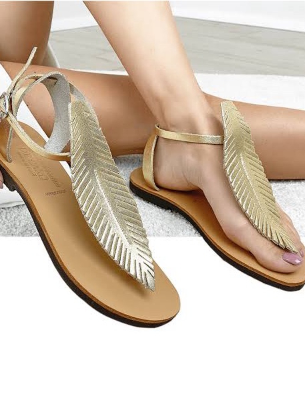 Corso Como Gold Leaf T-Strap Flat Leather Sandals